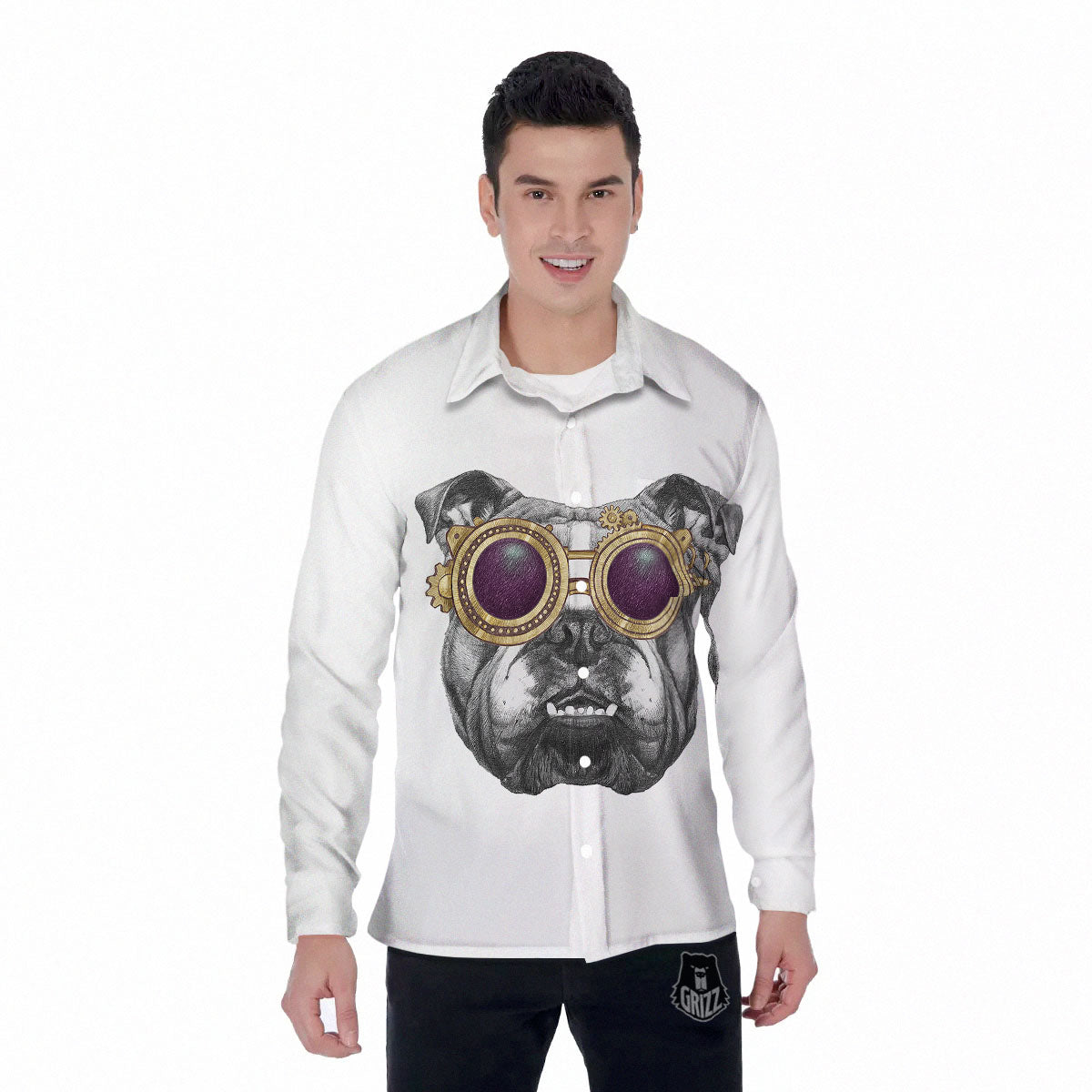 English Bulldog Wearing Glasses Print Men's Long Sleeve Shirts-grizzshop