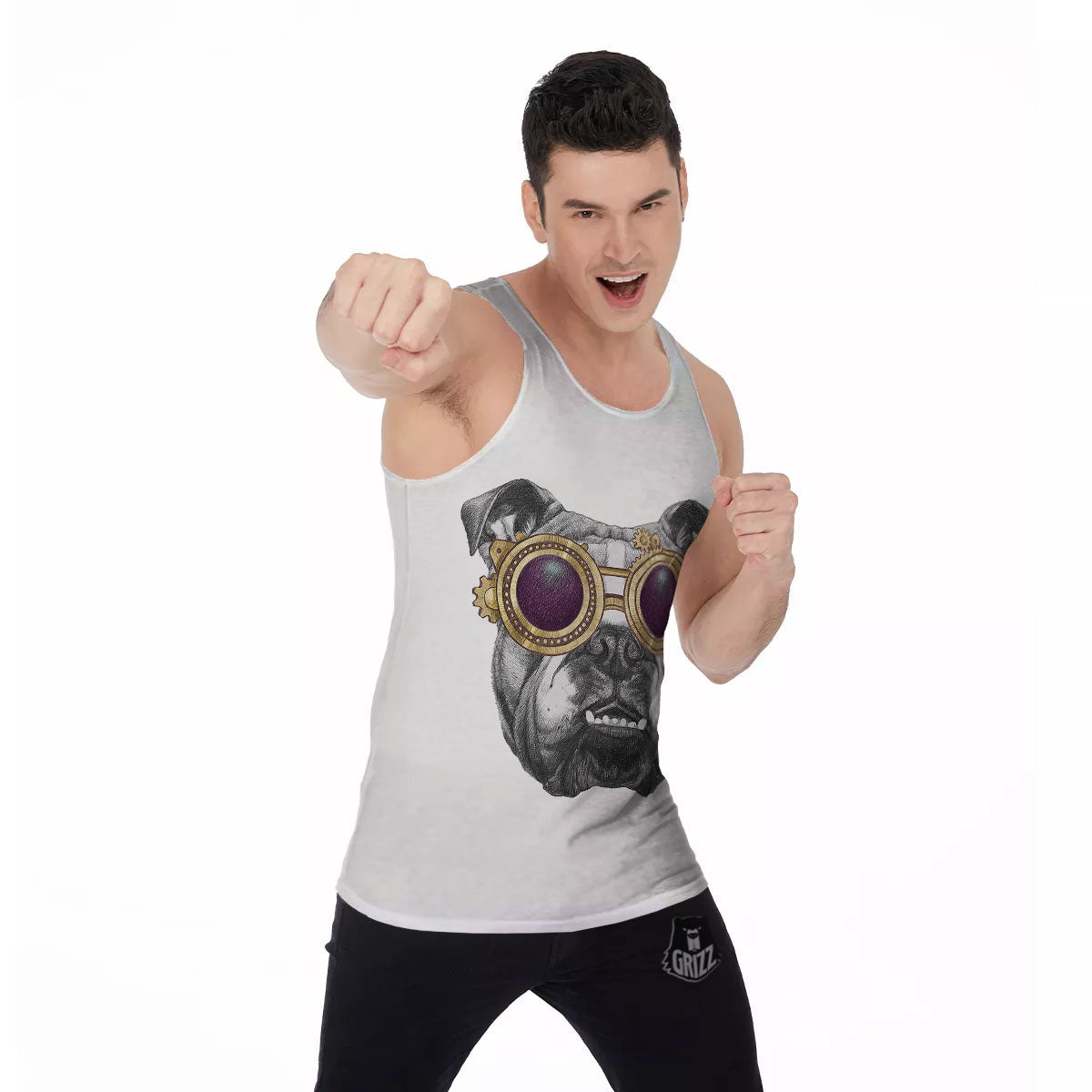 English Bulldog Wearing Glasses Print Men's Tank Top-grizzshop