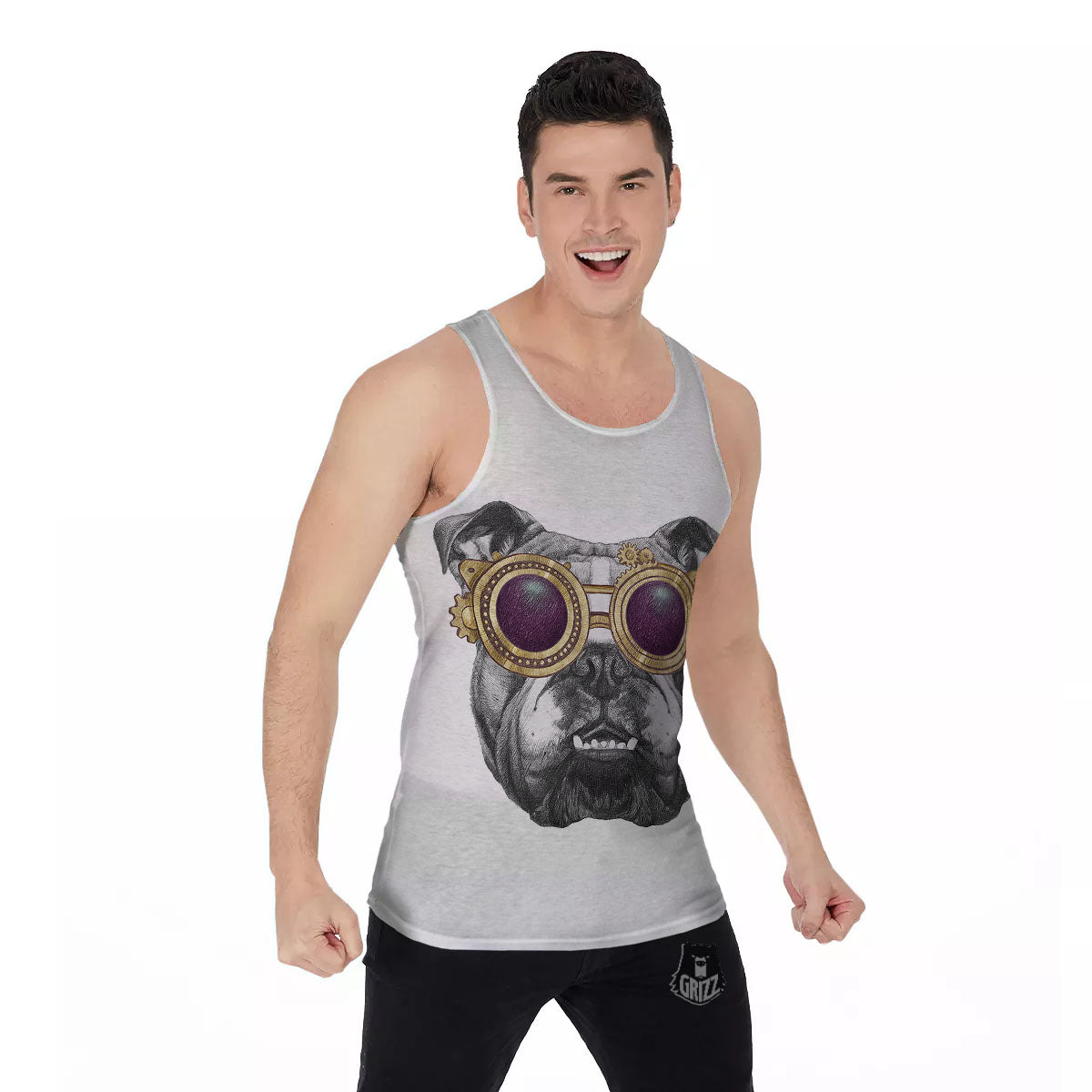 English Bulldog Wearing Glasses Print Men's Tank Top-grizzshop
