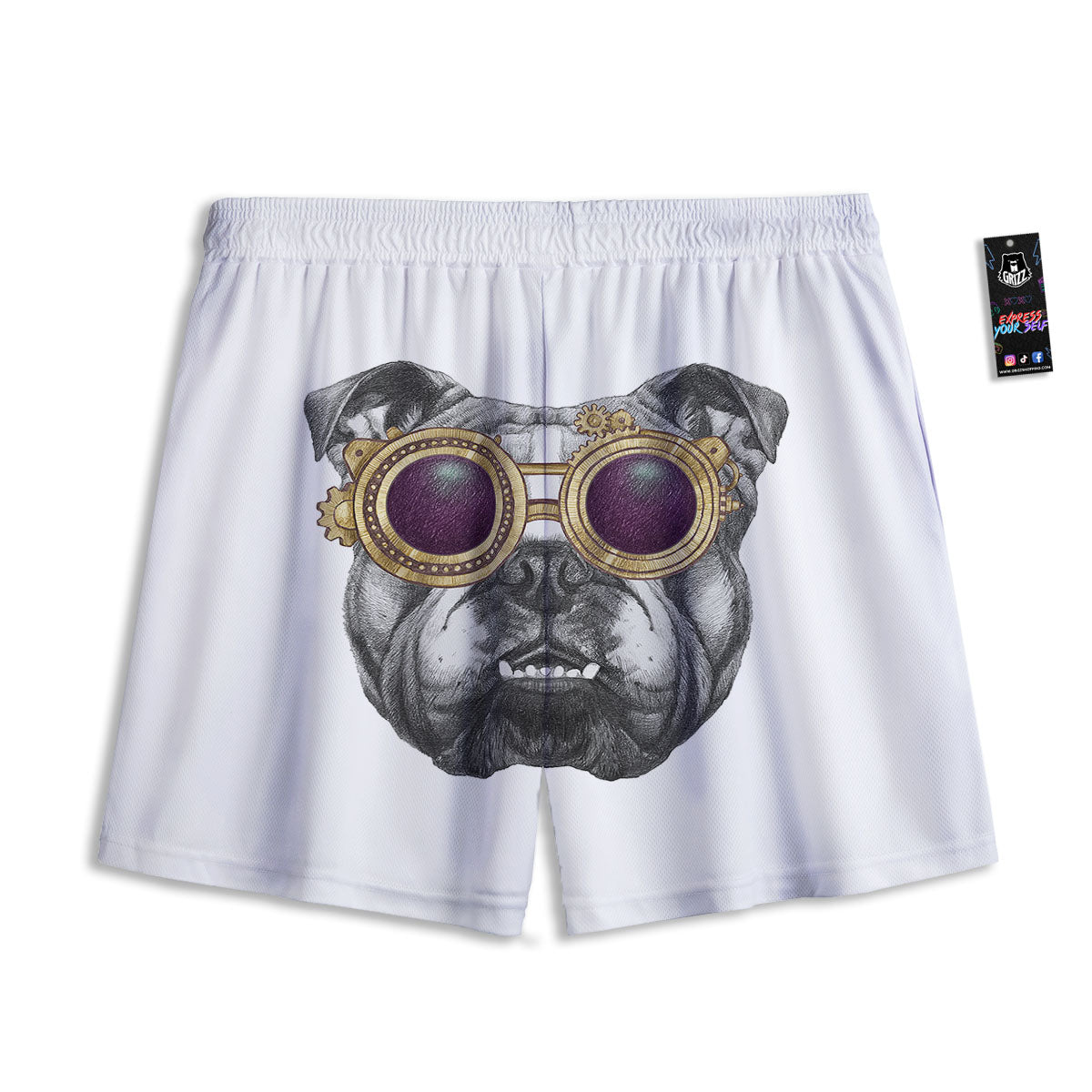 English Bulldog Wearing Glasses Print Mesh Shorts