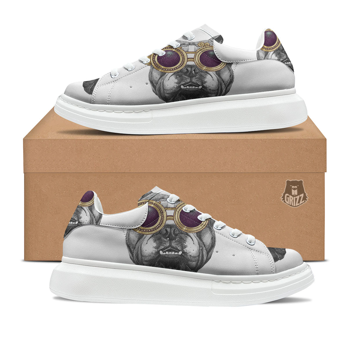 English Bulldog Wearing Glasses Print Platform Shoes-grizzshop