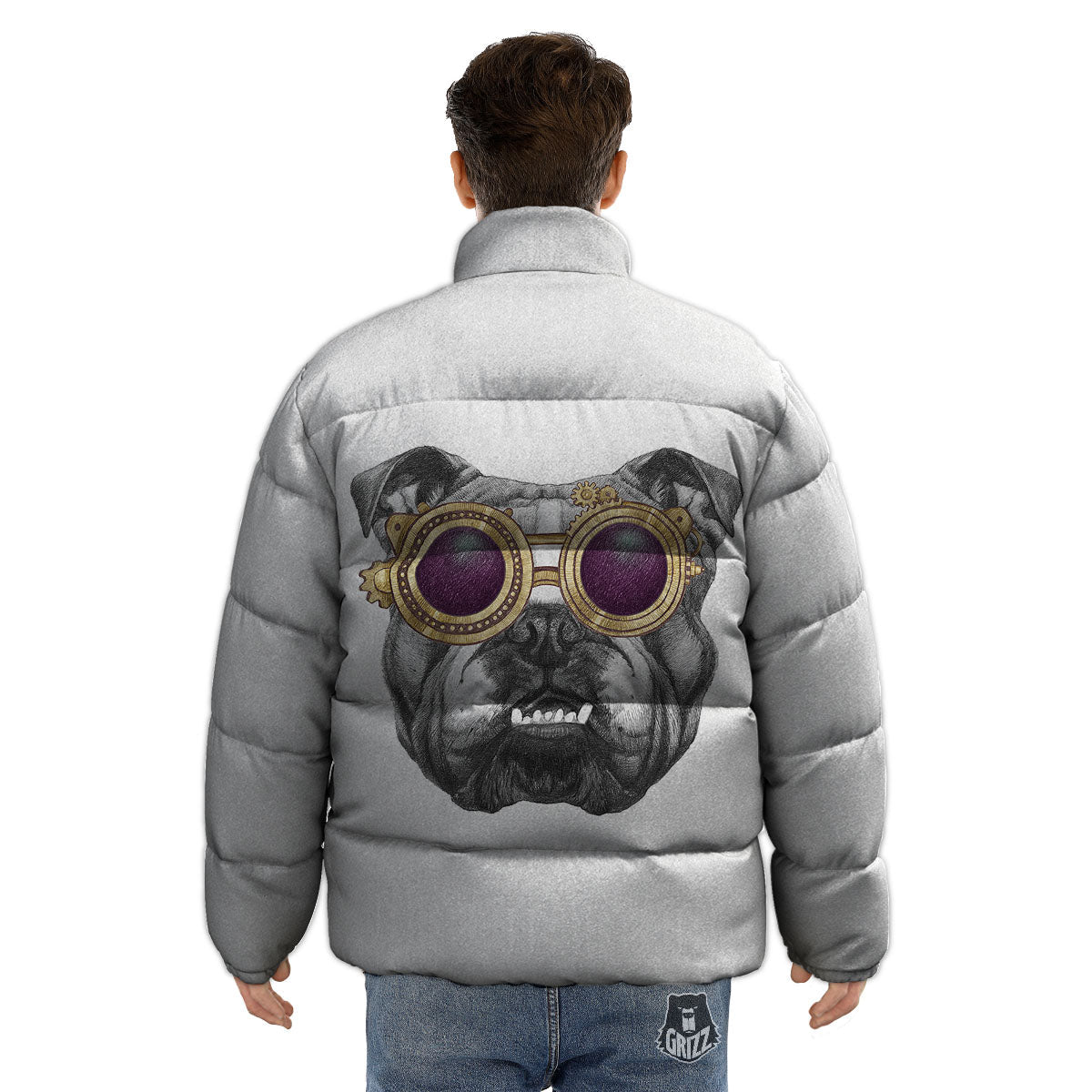 English Bulldog Wearing Glasses Print Puffer Jacket-grizzshop