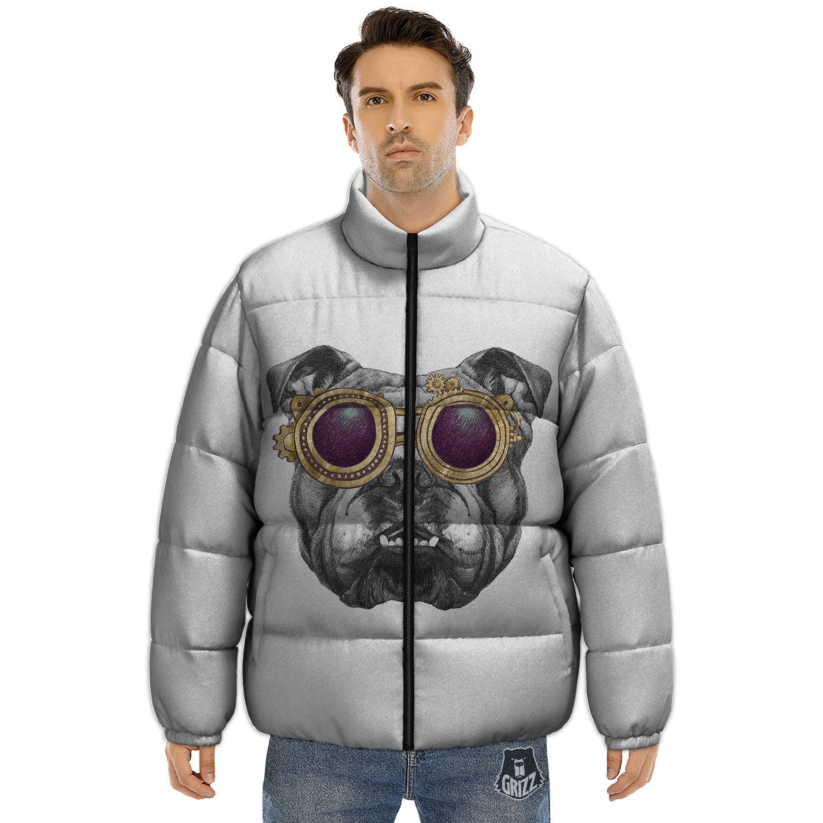 English Bulldog Wearing Glasses Print Puffer Jacket-grizzshop