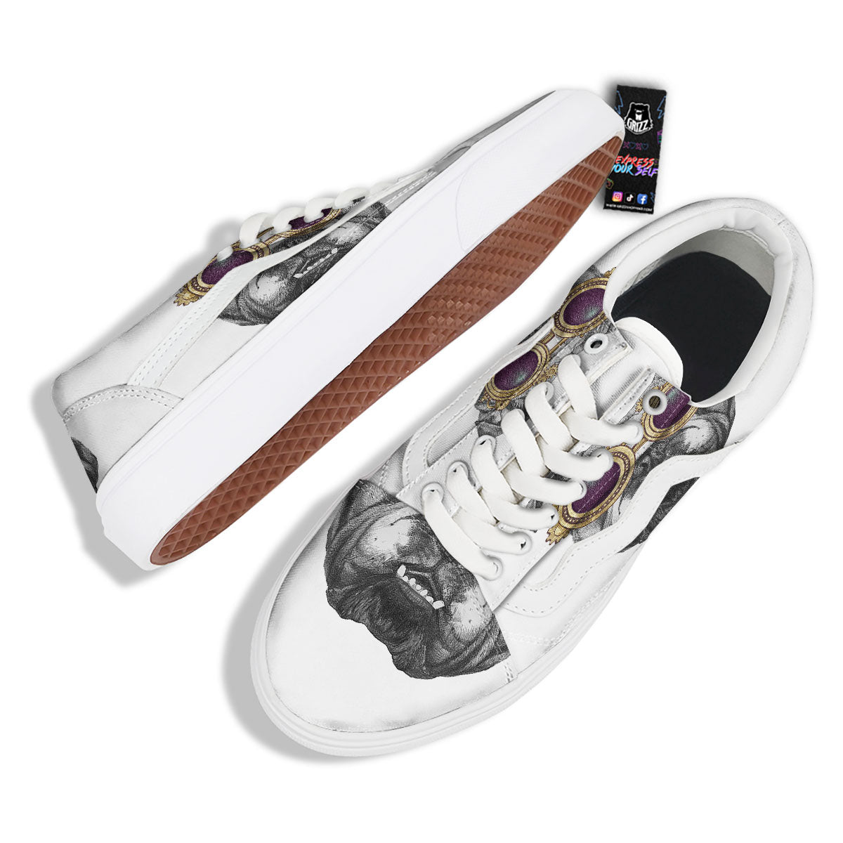 English Bulldog Wearing Glasses Print Skate Shoes-grizzshop