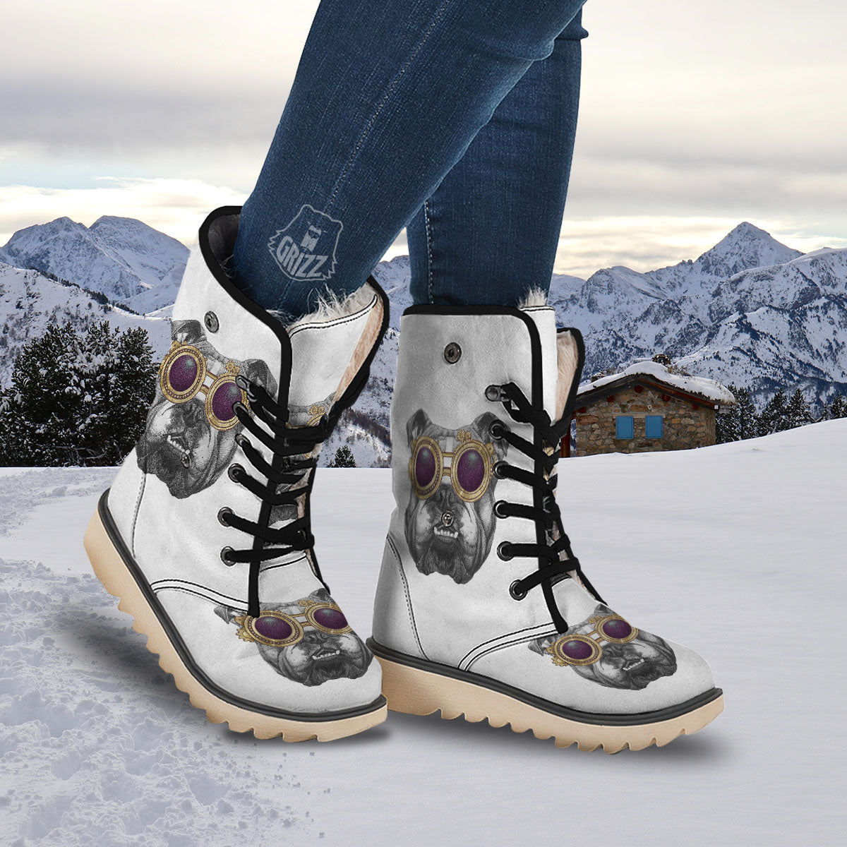 English Bulldog Wearing Glasses Print Snow Boots-grizzshop