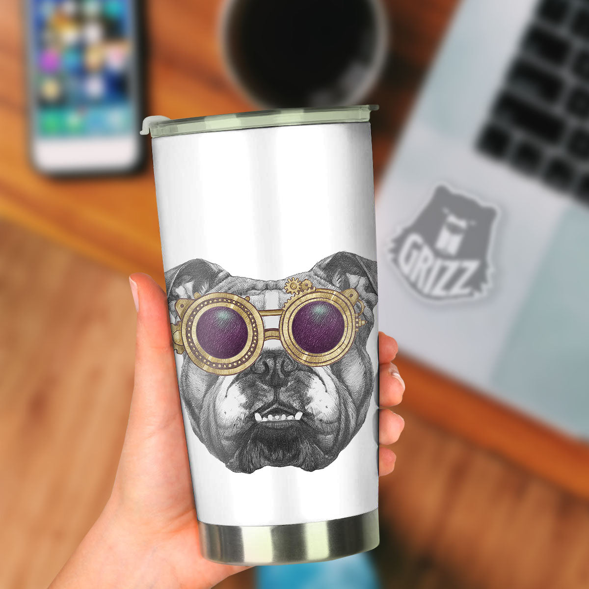 English Bulldog Wearing Glasses Print Tumbler-grizzshop