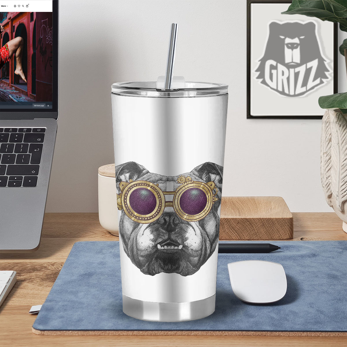English Bulldog Wearing Glasses Print Tumbler-grizzshop