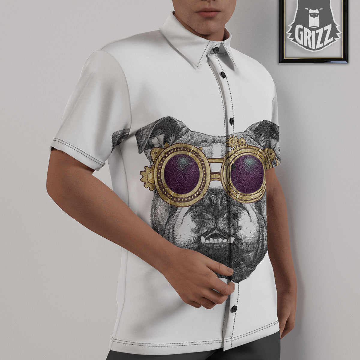 English Bulldog Wearing Glasses Print Untucked Shirts-grizzshop