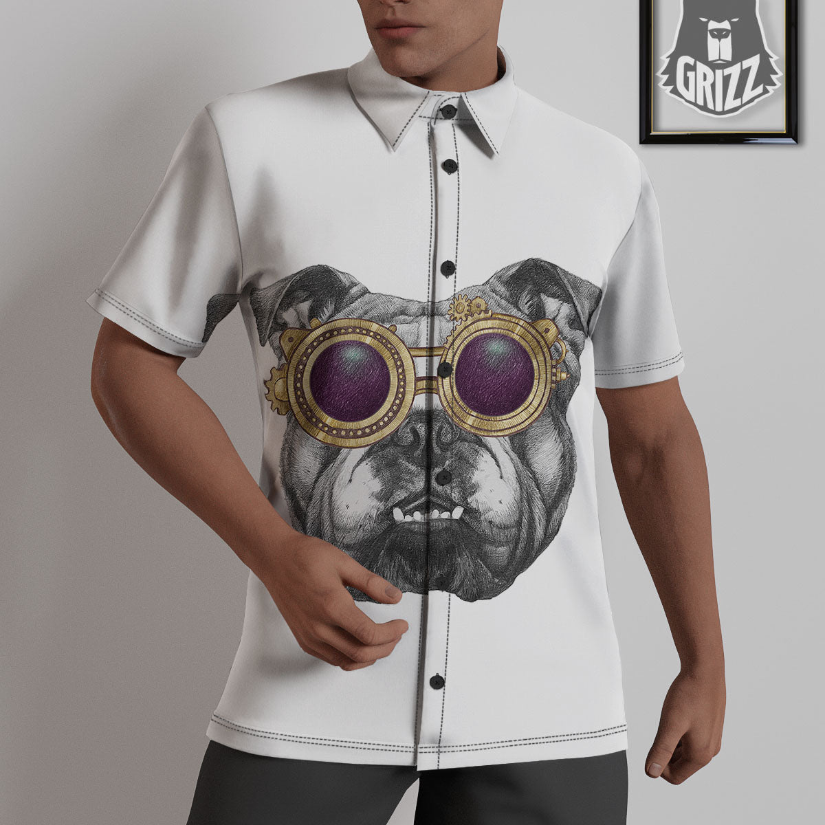 English Bulldog Wearing Glasses Print Untucked Shirts-grizzshop