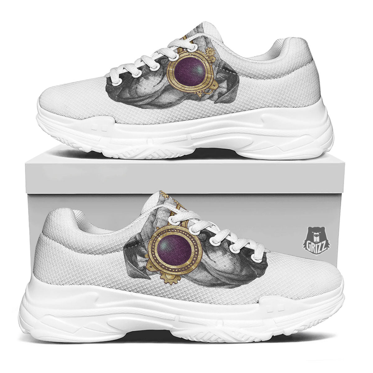 English Bulldog Wearing Glasses Print White Chunky Shoes-grizzshop