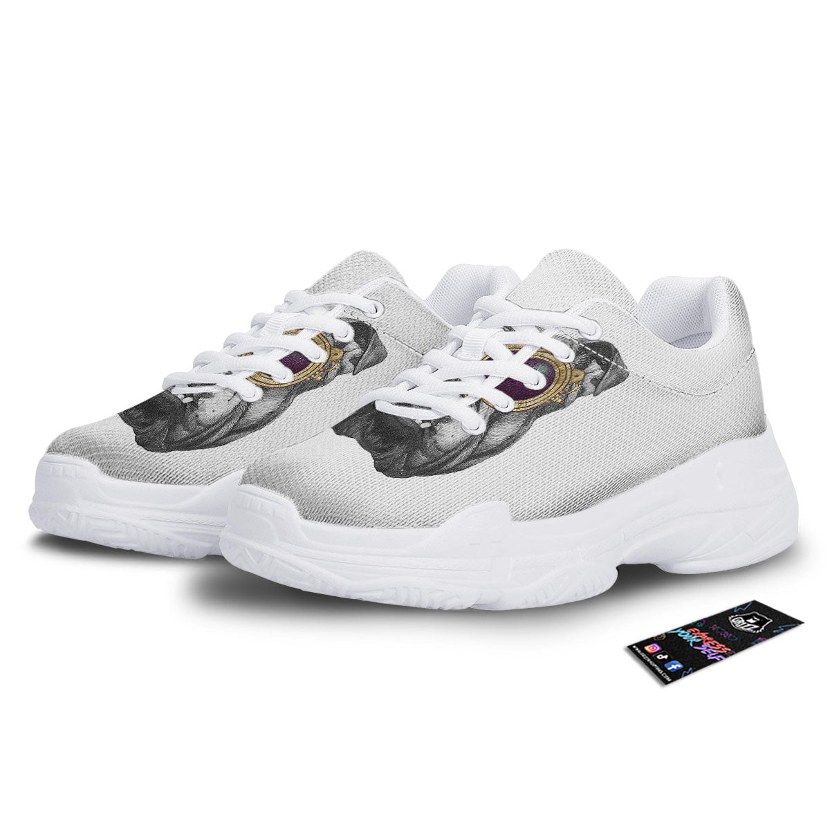 English Bulldog Wearing Glasses Print White Chunky Shoes-grizzshop