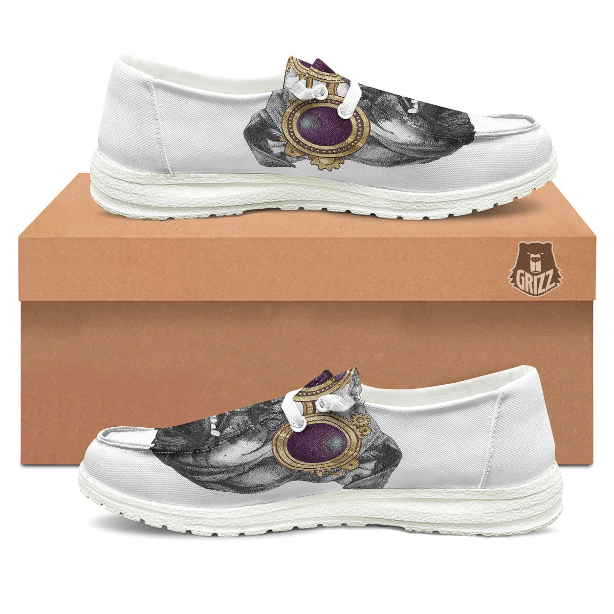 English Bulldog Wearing Glasses Print White Loafers-grizzshop