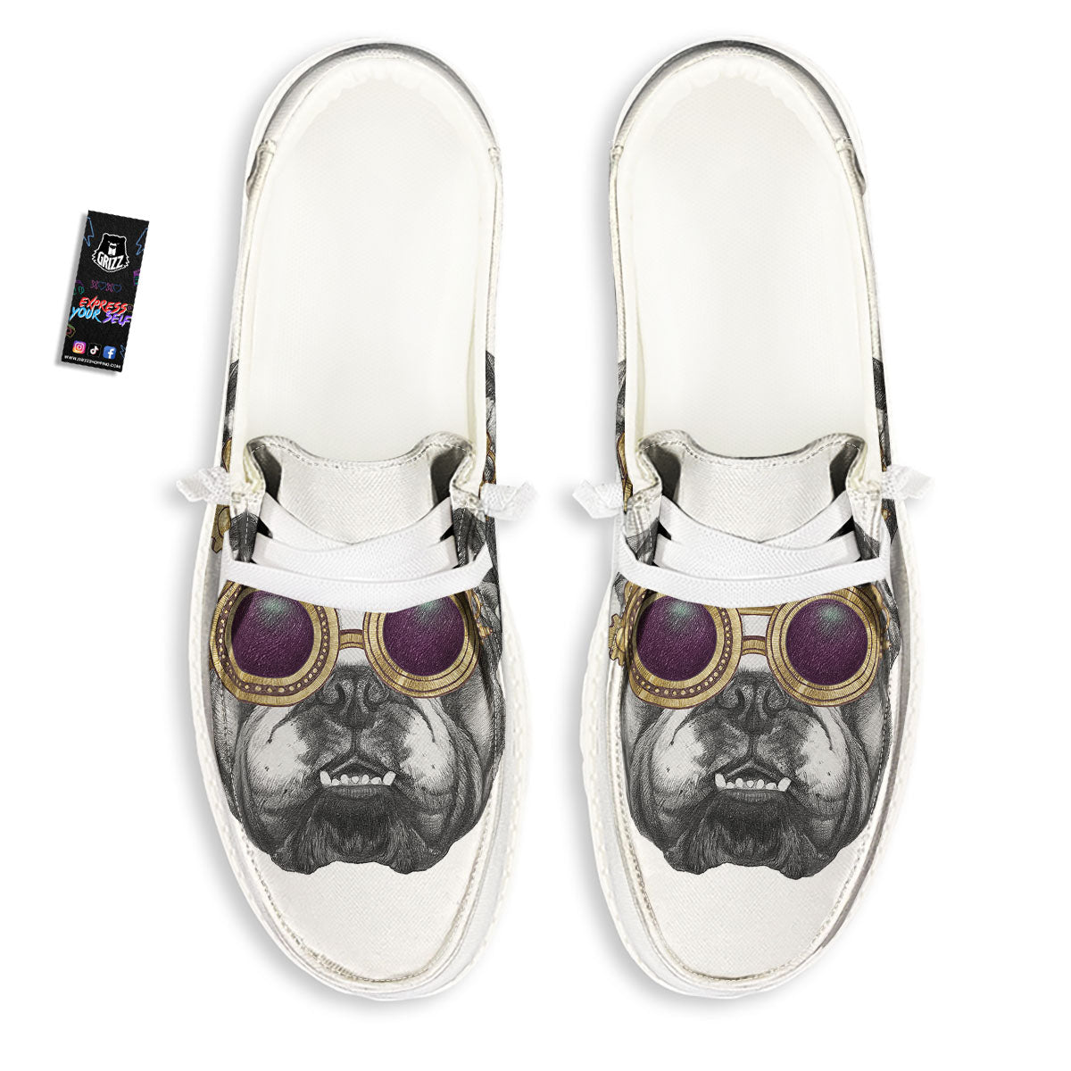 English Bulldog Wearing Glasses Print White Loafers-grizzshop