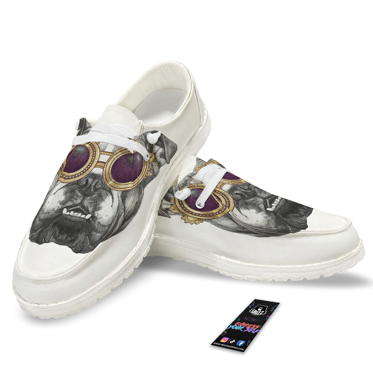 English Bulldog Wearing Glasses Print White Loafers-grizzshop