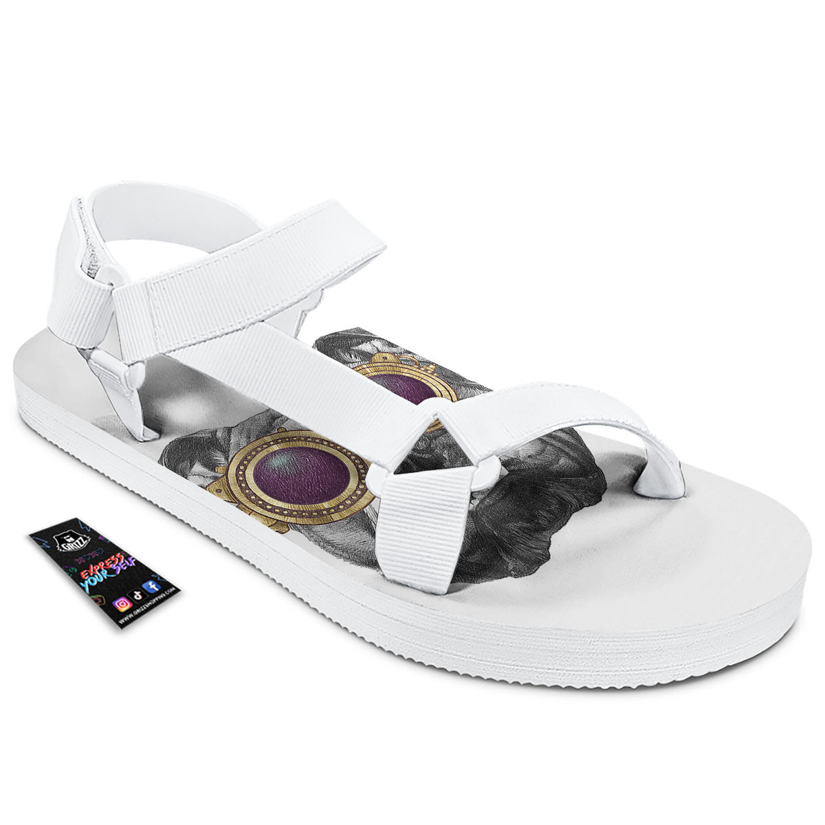 English Bulldog Wearing Glasses Print White Open Toe Sandals-grizzshop