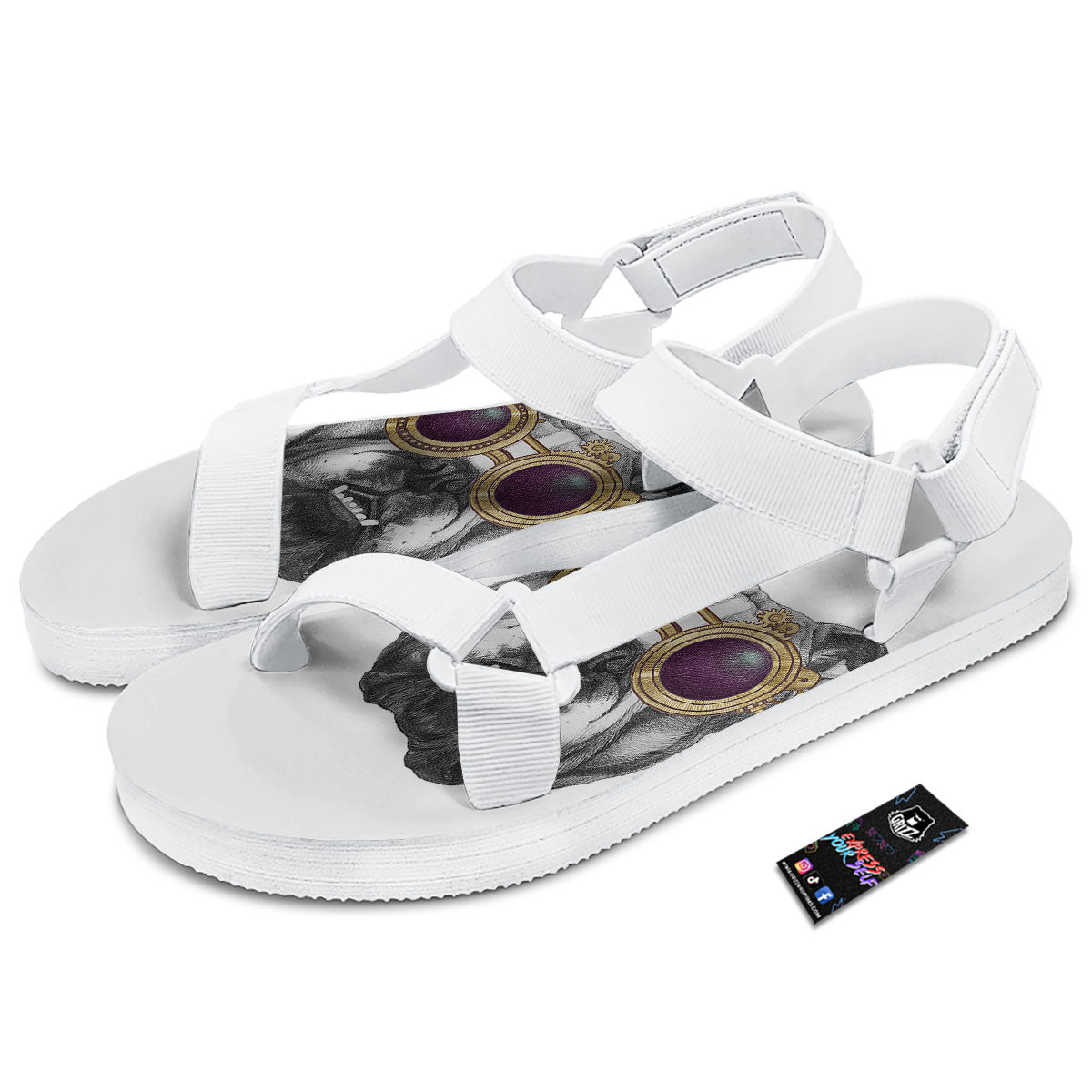 English Bulldog Wearing Glasses Print White Open Toe Sandals-grizzshop