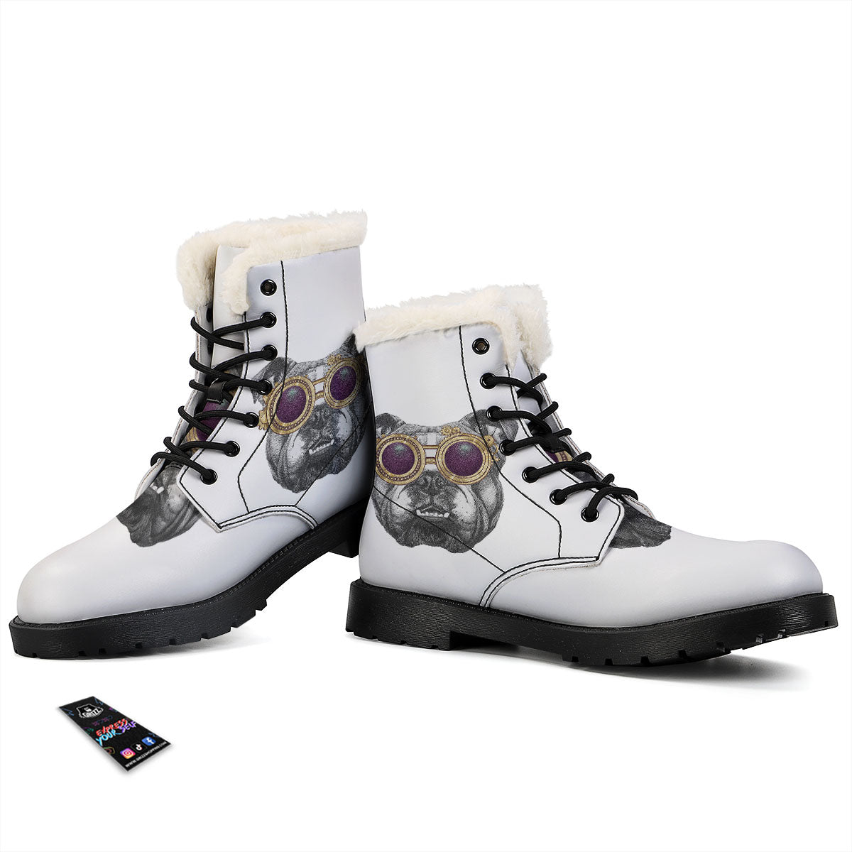 English Bulldog Wearing Glasses Print Winter Boots-grizzshop