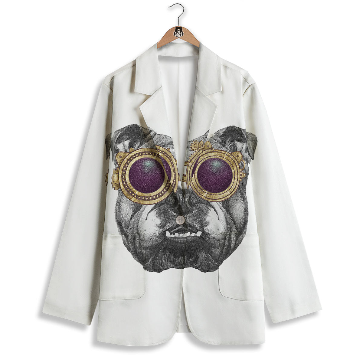 English Bulldog Wearing Glasses Print Women's Blazer-grizzshop