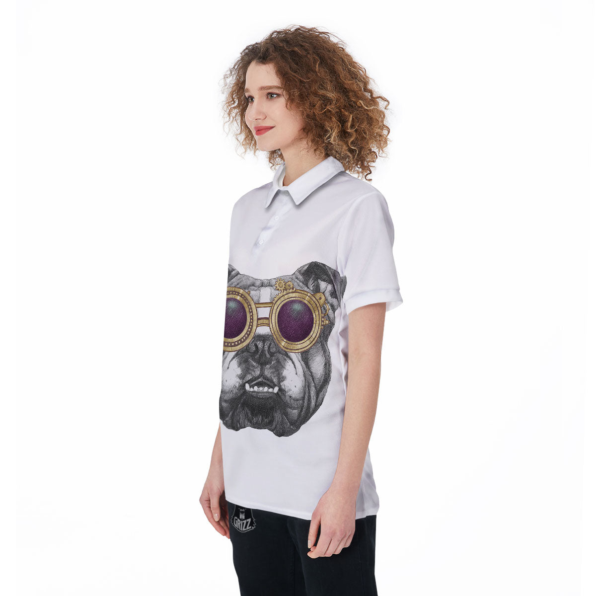 English Bulldog Wearing Glasses Print Women's Golf Shirts-grizzshop
