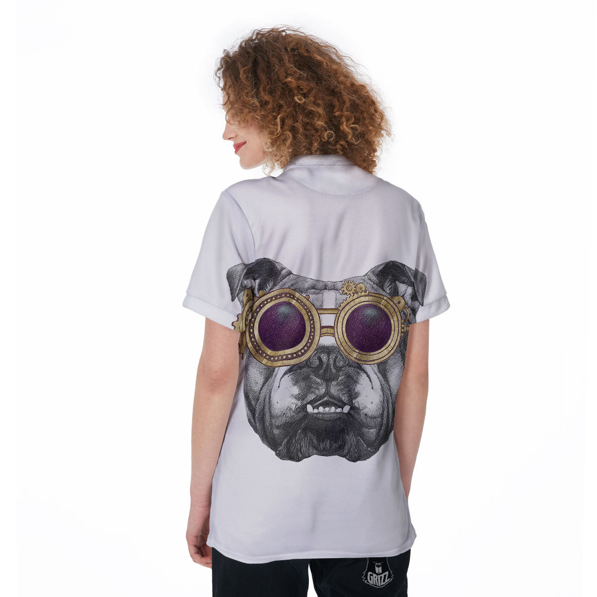 English Bulldog Wearing Glasses Print Women's Golf Shirts-grizzshop