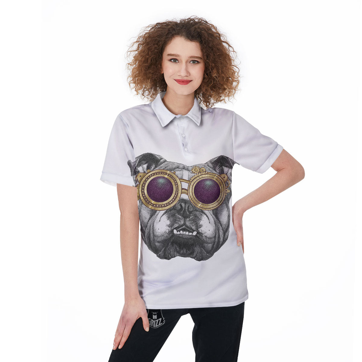 English Bulldog Wearing Glasses Print Women's Golf Shirts-grizzshop