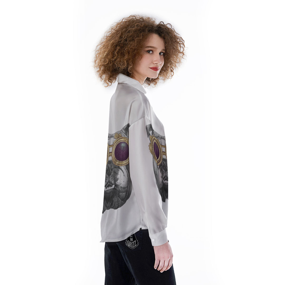English Bulldog Wearing Glasses Print Women's Long Sleeve Shirts-grizzshop
