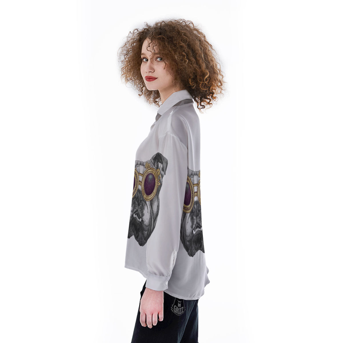 English Bulldog Wearing Glasses Print Women's Long Sleeve Shirts-grizzshop