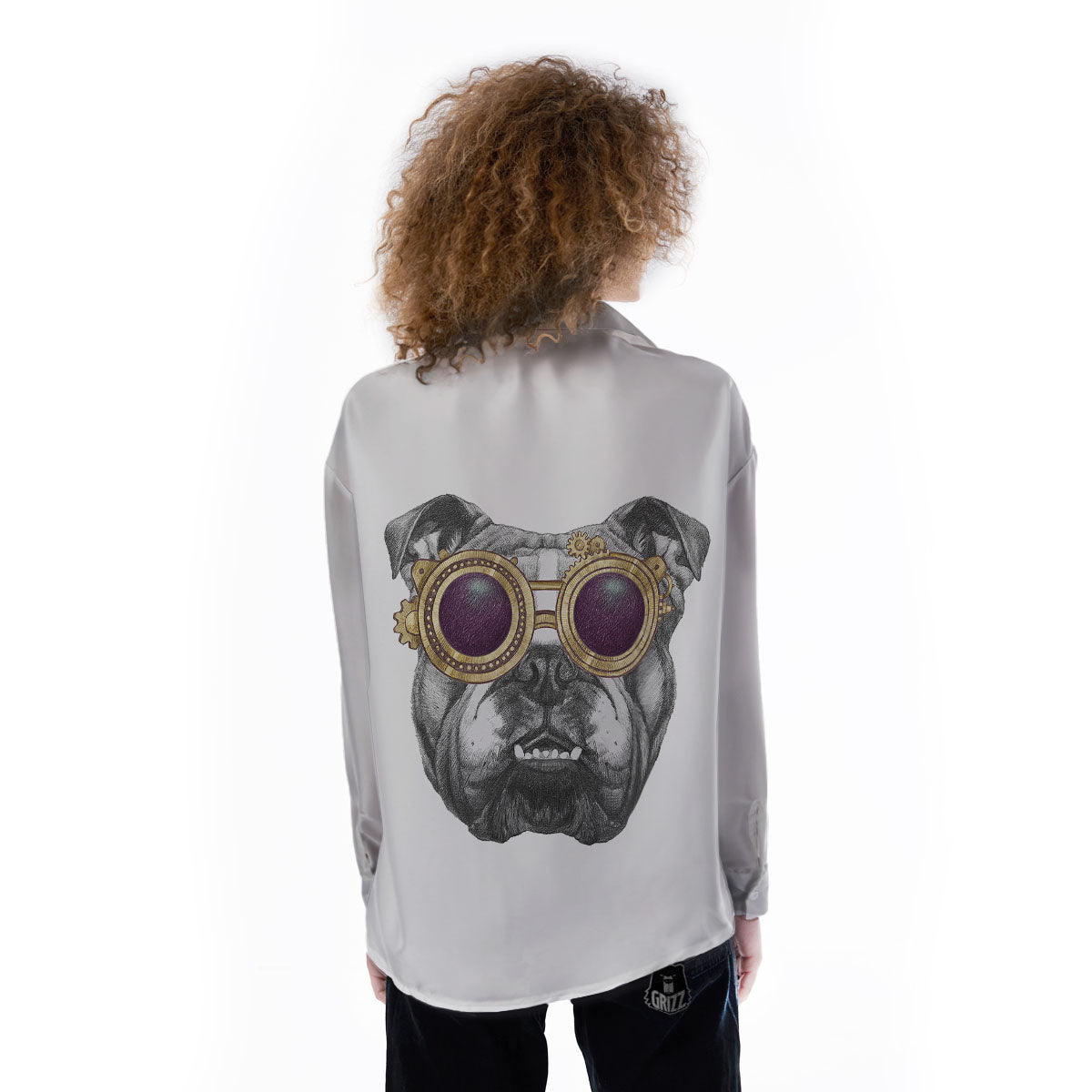 English Bulldog Wearing Glasses Print Women's Long Sleeve Shirts-grizzshop