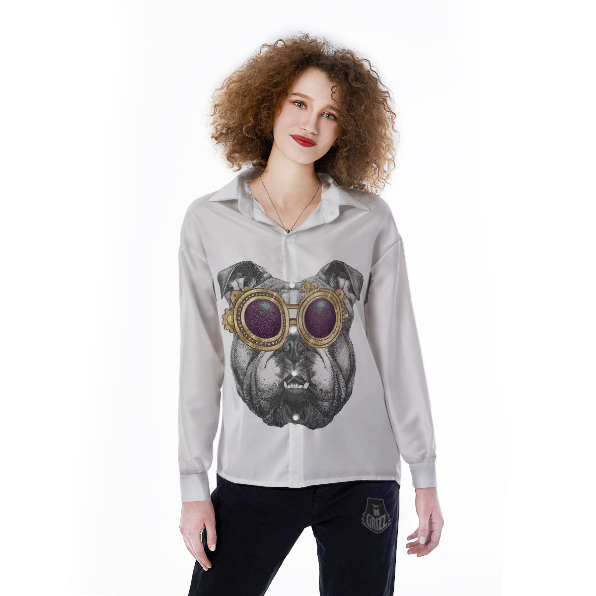 English Bulldog Wearing Glasses Print Women's Long Sleeve Shirts-grizzshop