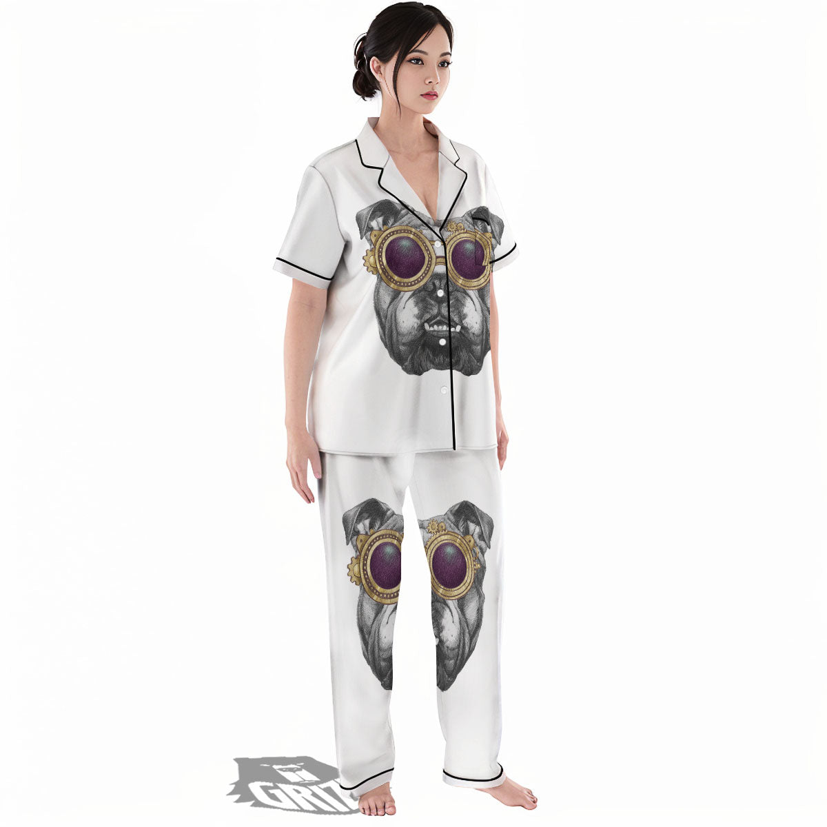 English Bulldog Wearing Glasses Print Women's Pajamas Set-grizzshop