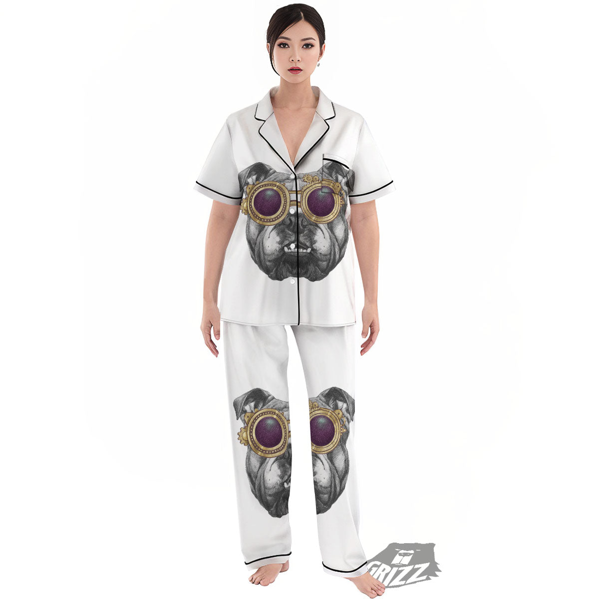 English Bulldog Wearing Glasses Print Women's Pajamas Set-grizzshop