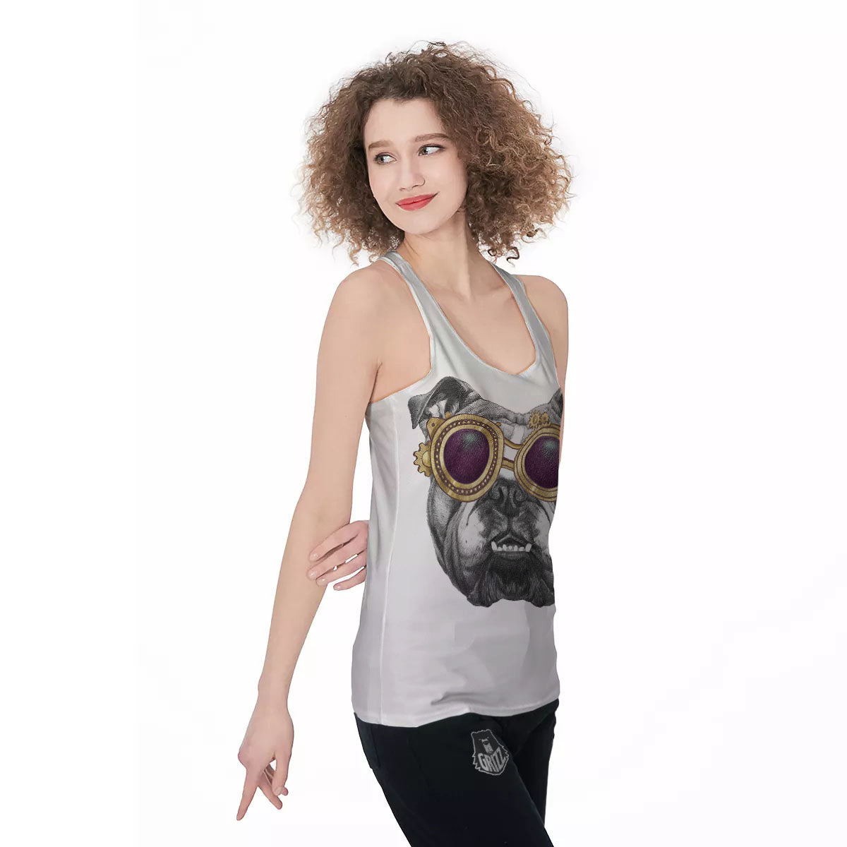 English Bulldog Wearing Glasses Print Women's Racerback Tank Top-grizzshop