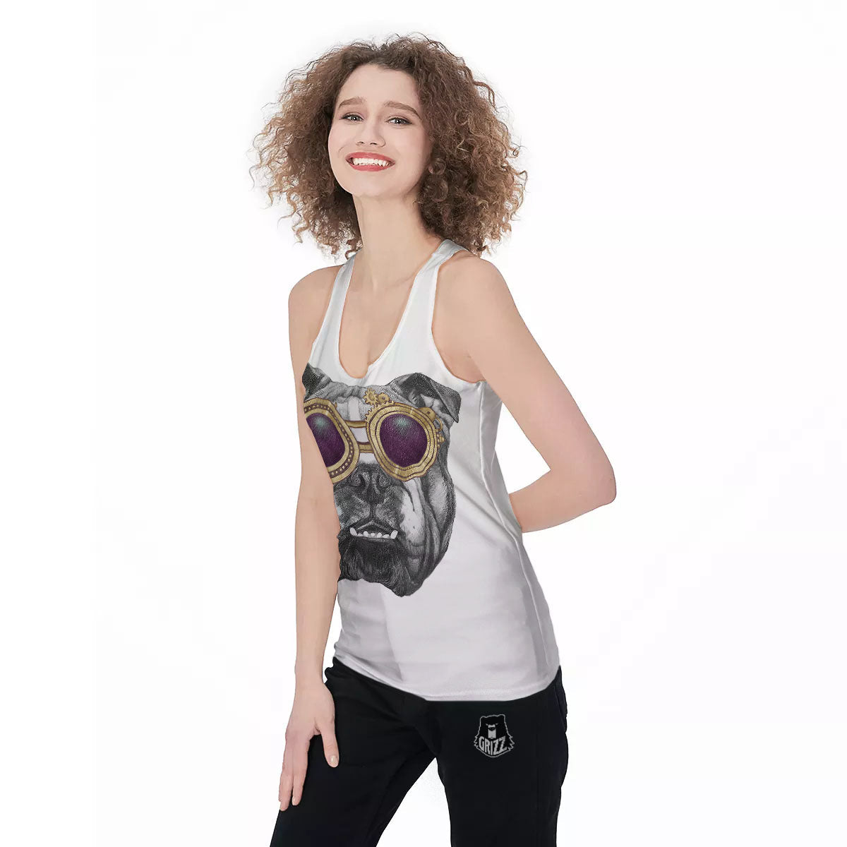 English Bulldog Wearing Glasses Print Women's Racerback Tank Top-grizzshop