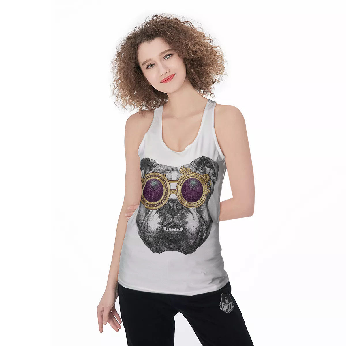 English Bulldog Wearing Glasses Print Women's Racerback Tank Top-grizzshop
