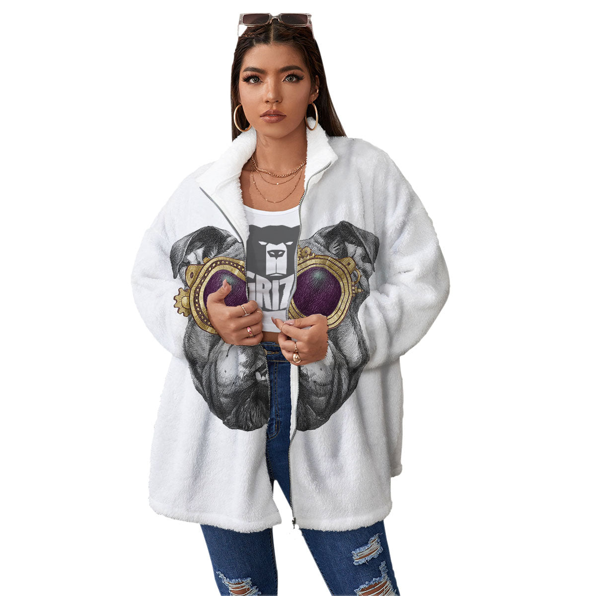 English Bulldog Wearing Glasses Print Women's Sherpa Jacket-grizzshop