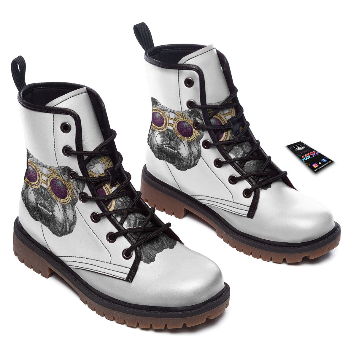 English Bulldog Wearing Glasses Print Work Boots-grizzshop