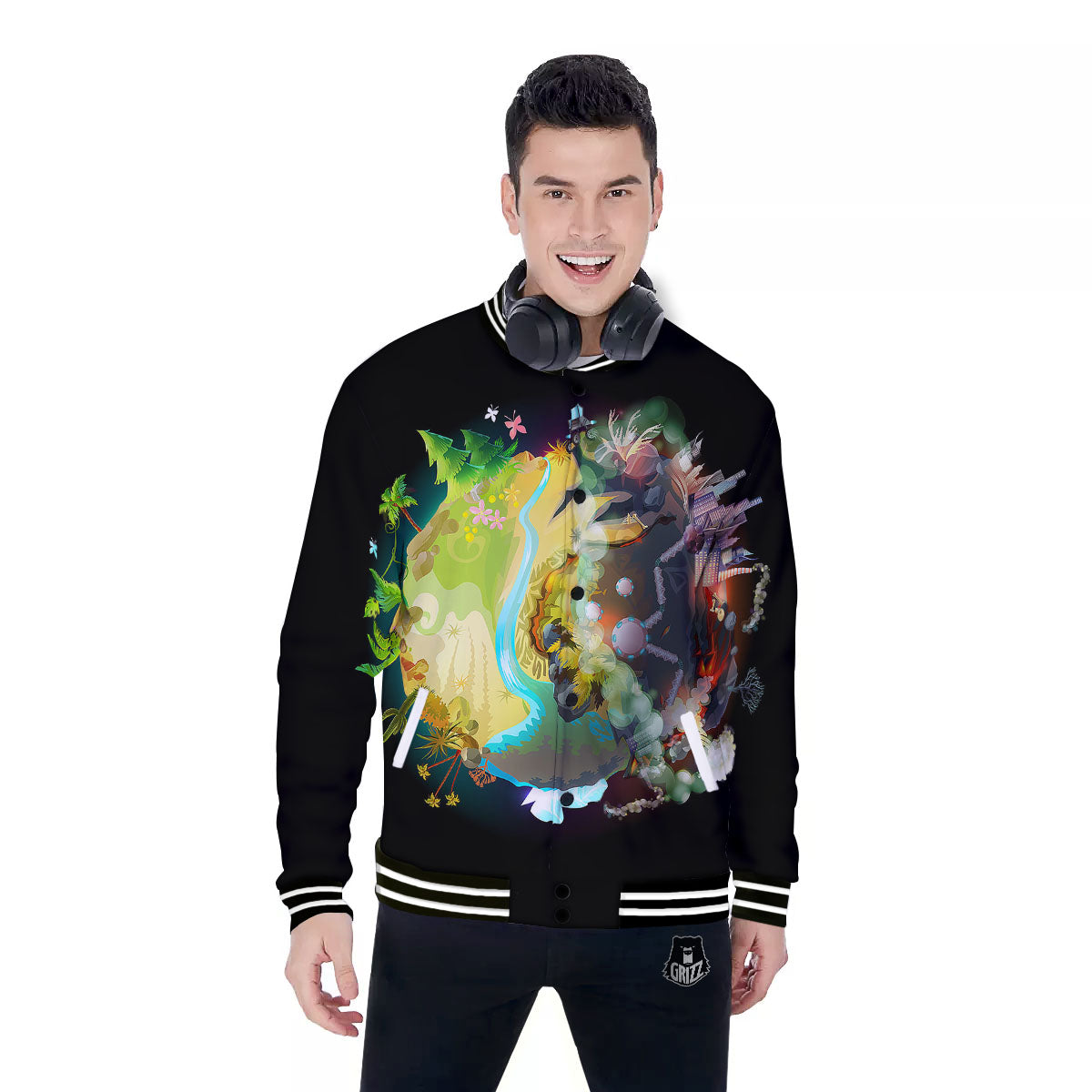 Environmental Destruction Print Baseball Jacket-grizzshop