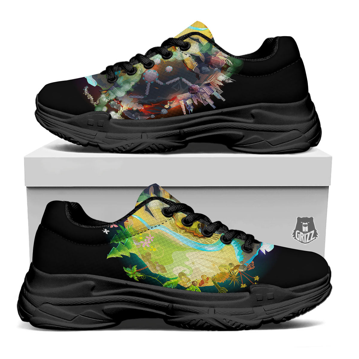 Environmental Destruction Print Black Chunky Shoes-grizzshop