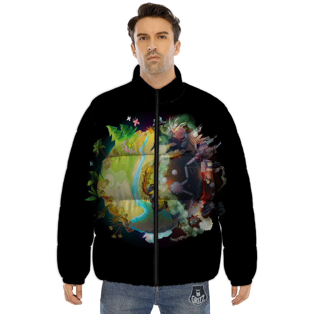 Environmental Destruction Print Puffer Jacket-grizzshop