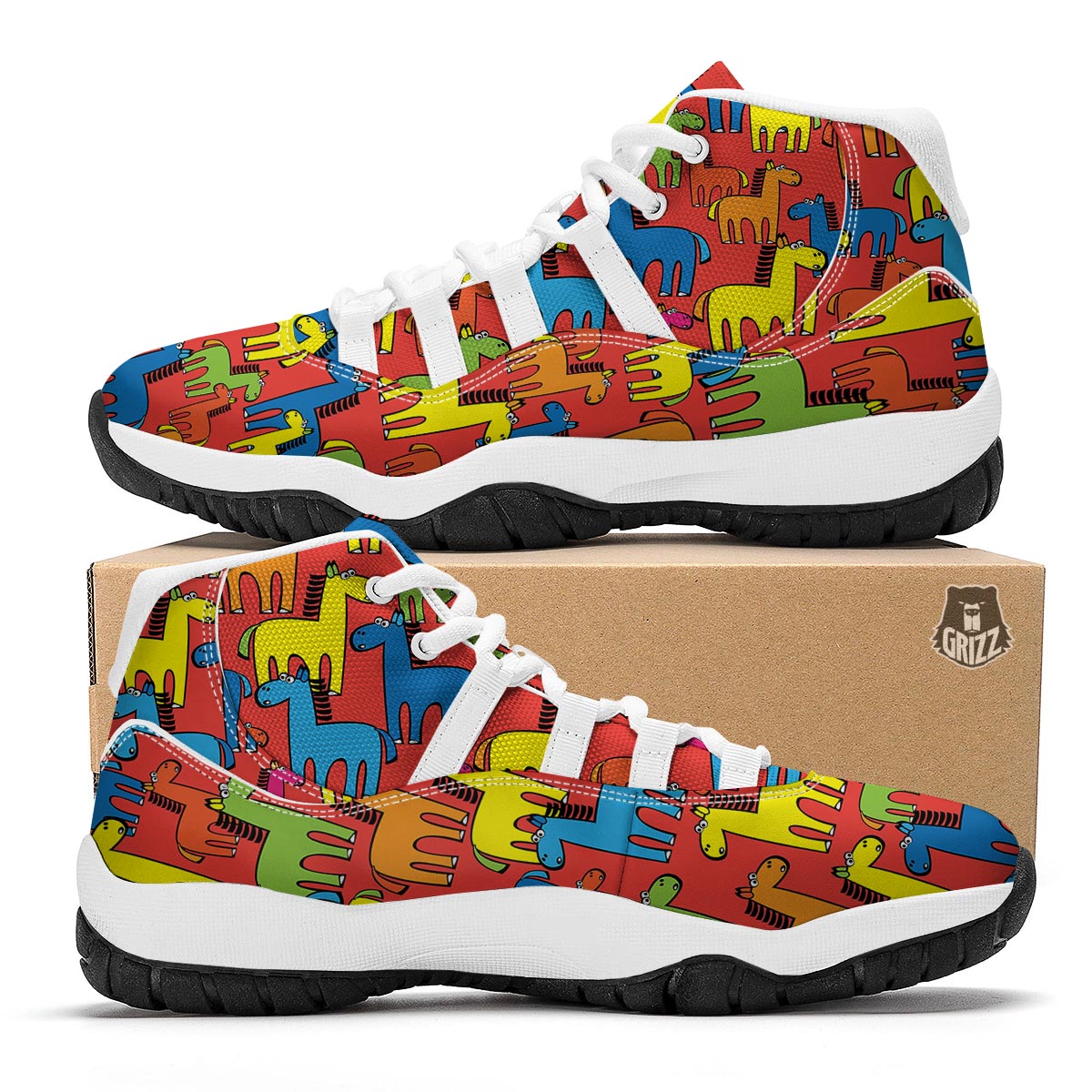 Equestrian Colorful Pattern Print White Bball Shoes-grizzshop