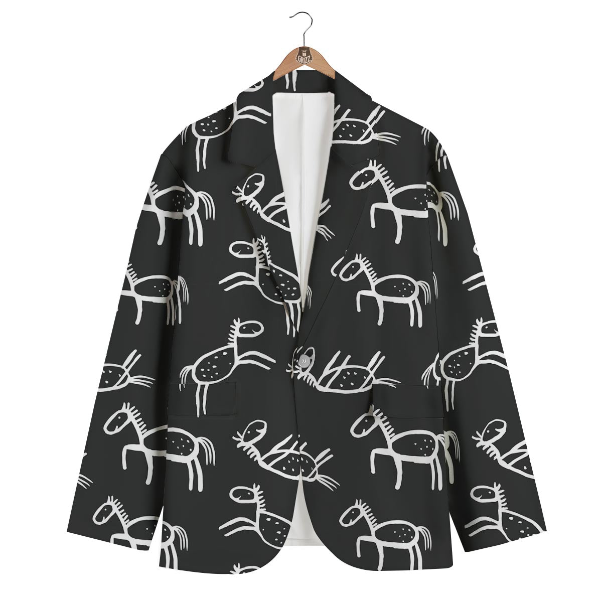Equestrian Drawn Pattern Print Men's Blazer-grizzshop