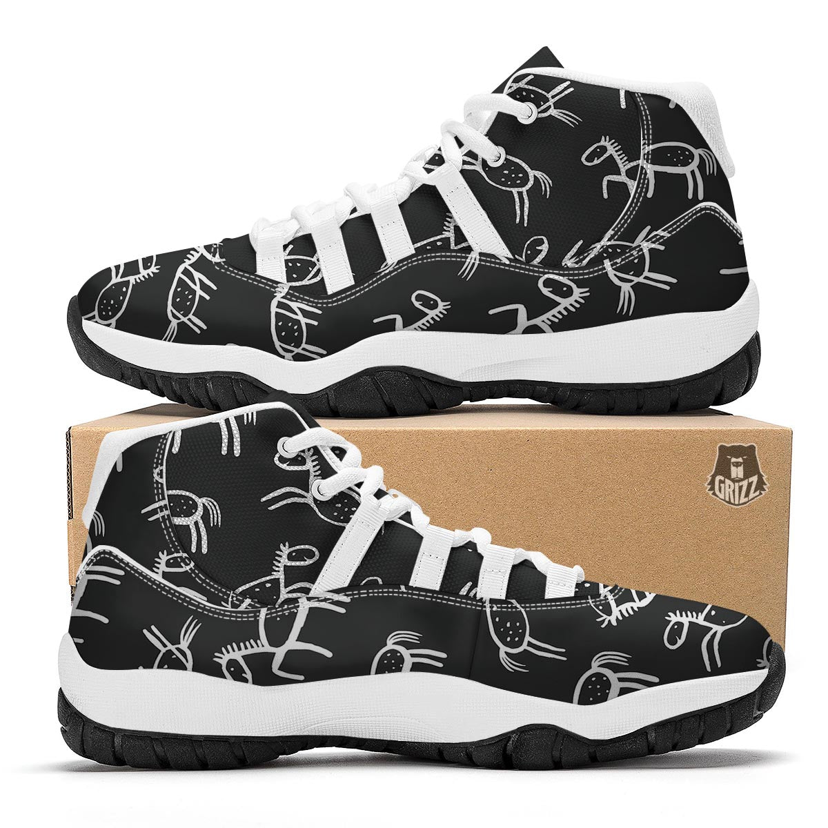 Equestrian Drawn Pattern Print White Bball Shoes-grizzshop