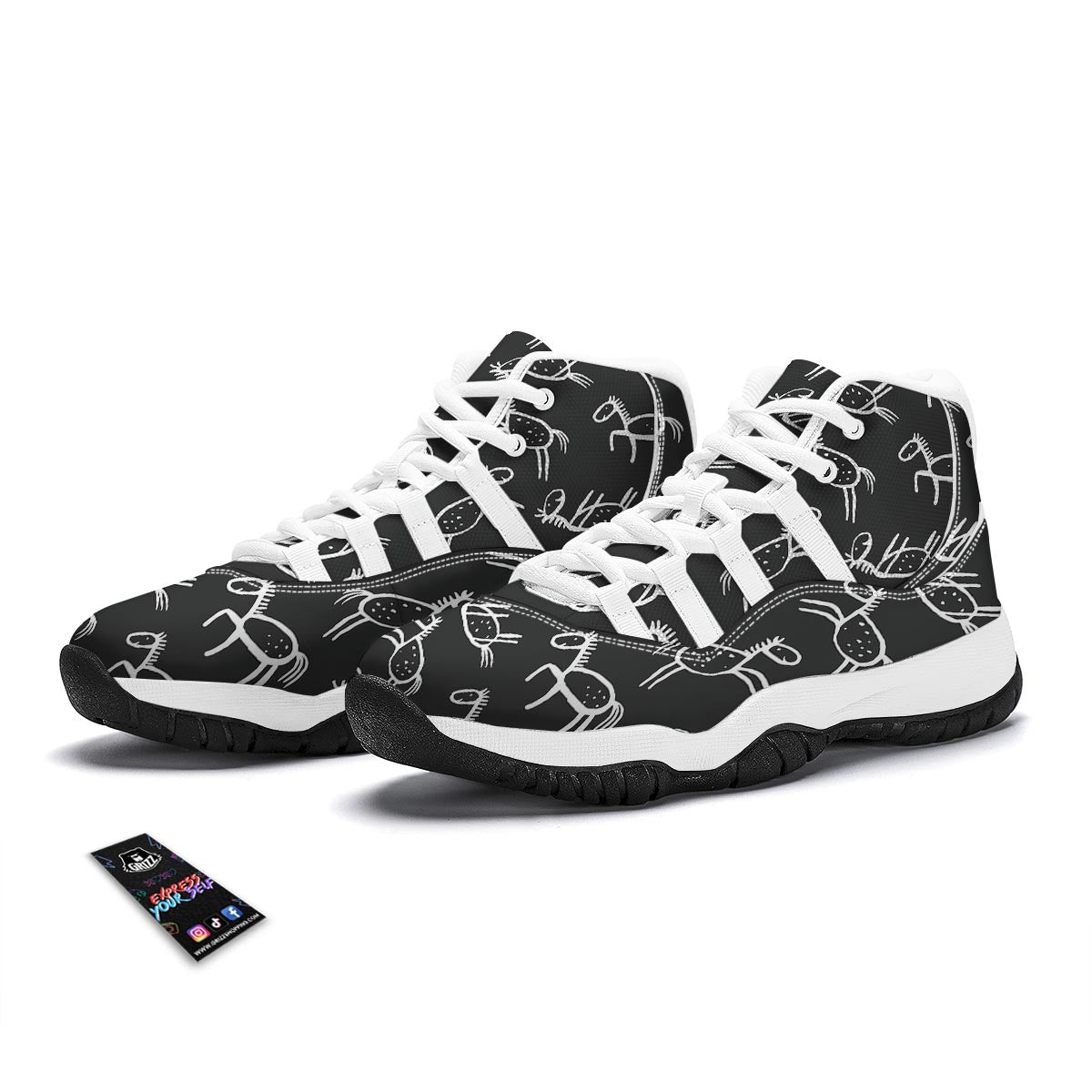 Equestrian Drawn Pattern Print White Bball Shoes-grizzshop