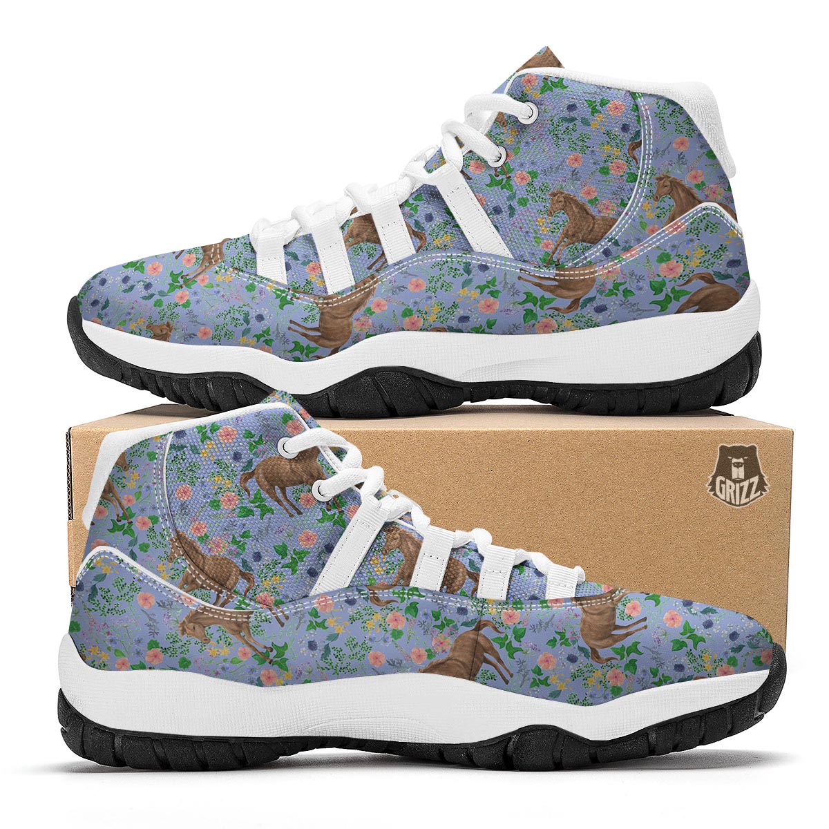 Equestrian Floral Pattern Print White Bball Shoes-grizzshop