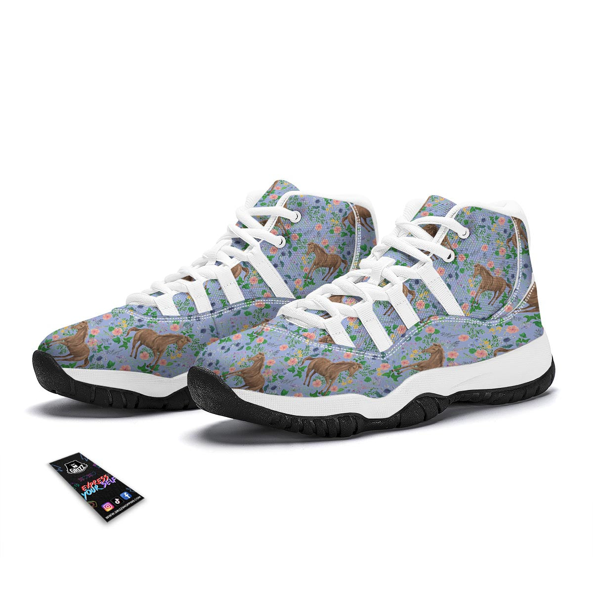 Equestrian Floral Pattern Print White Bball Shoes-grizzshop