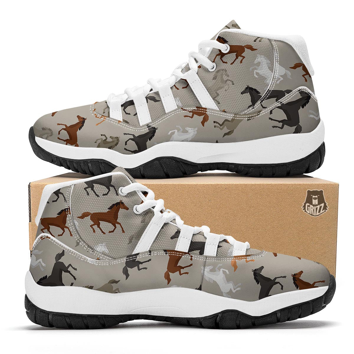 Equestrian Pattern Print White Bball Shoes-grizzshop