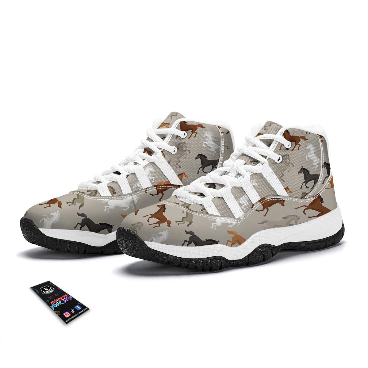 Equestrian Pattern Print White Bball Shoes-grizzshop