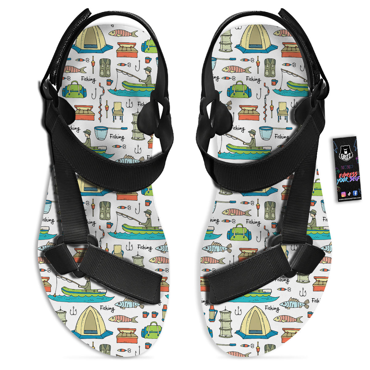 Equipment Fishing Print Pattern Black Open Toe Sandals-grizzshop