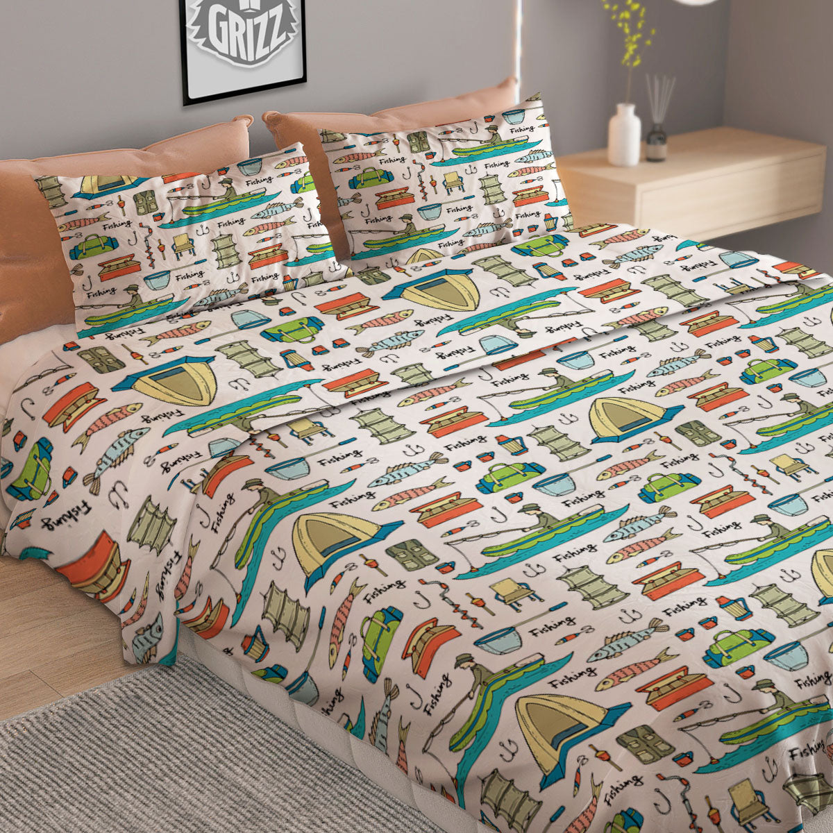 Equipment Fishing Print Pattern Duvet Cover Bedding Set