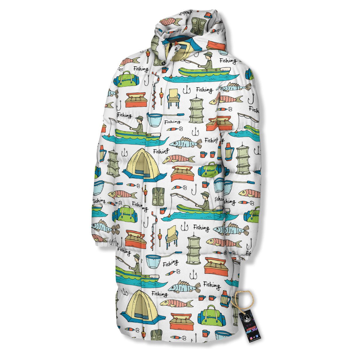 Equipment Fishing Print Pattern Long Down Jacket-grizzshop